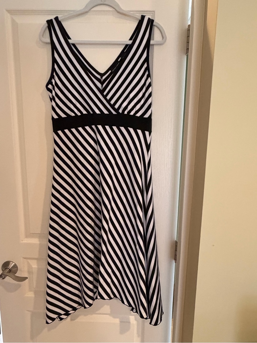 New York & Company Black and White Striped V-Neck Midi Dress